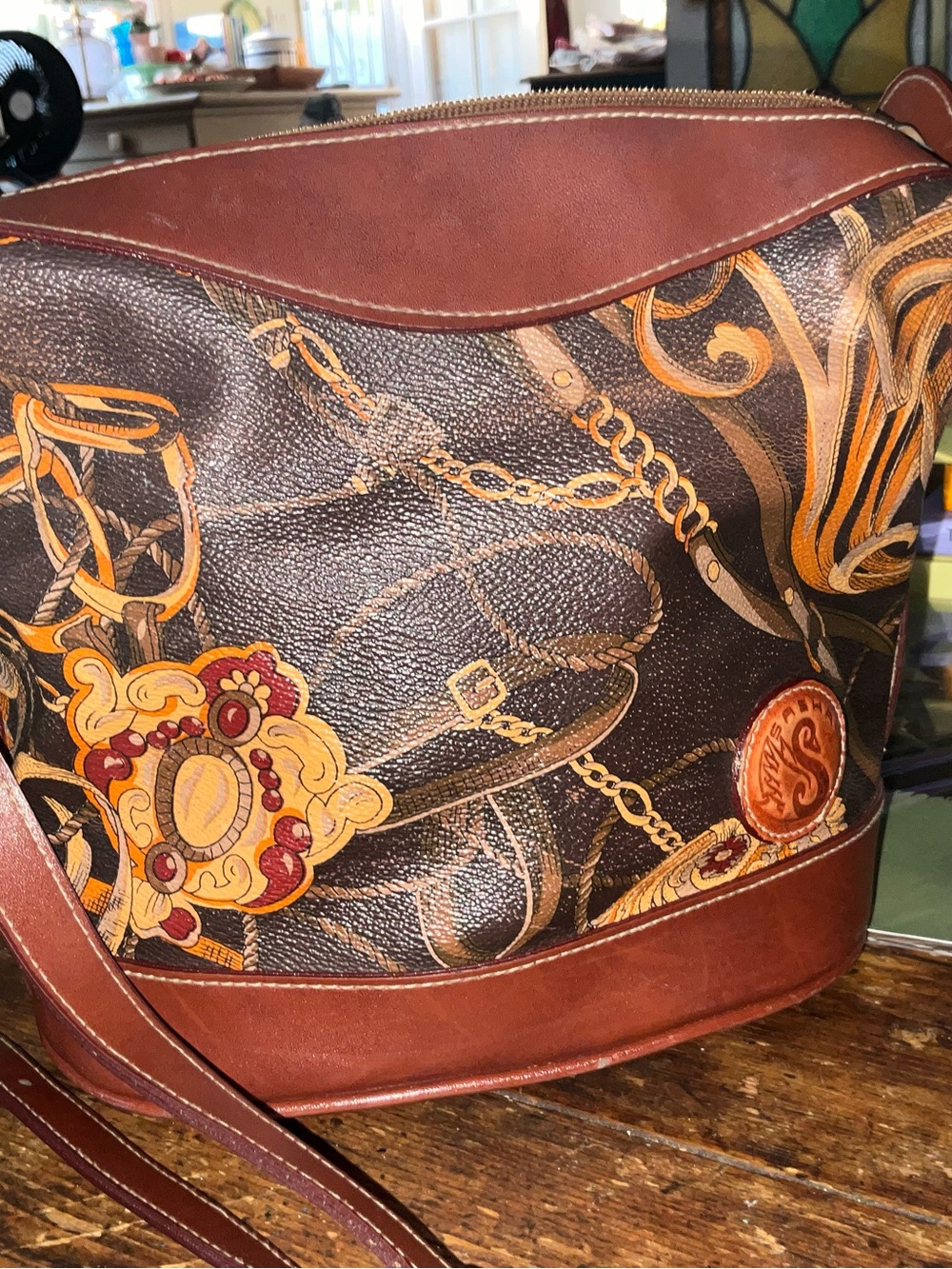 Sasha Patterned Shoulder bucket Bag with Leather Trim